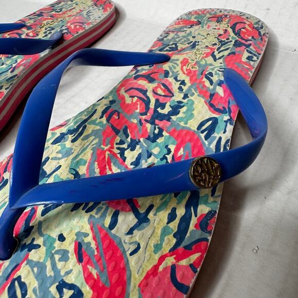 Lilly Pulitzer Size 7 Logo Blue Pink Tropical Flip Flop Sandal Summer Vacation - Picture 4 of 8